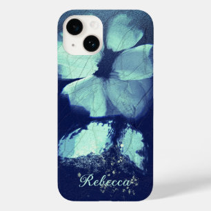 Folie Torquoise Floral Navy Blue Script Monogram Case-Mate iPhone 14 Hoesje