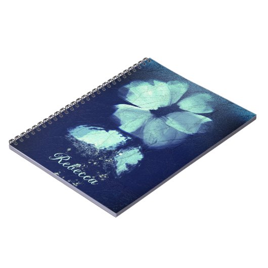 Folie Torquoise Floral Navy Blue Script Monogram Notitieboek (Linkerzijde)