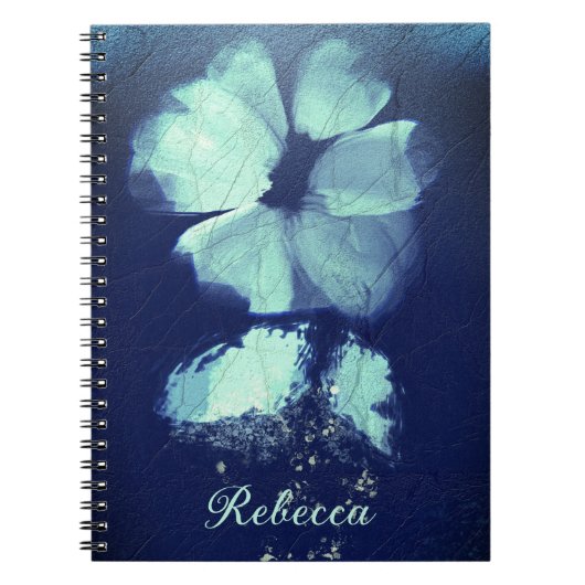 Folie Torquoise Floral Navy Blue Script Monogram Notitieboek (Voorkant)