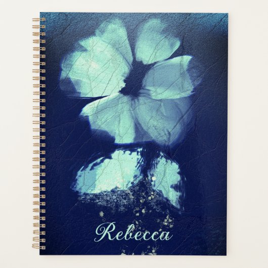 Folie Torquoise Floral Navy Blue Script Monogram Planner (Voorkant)