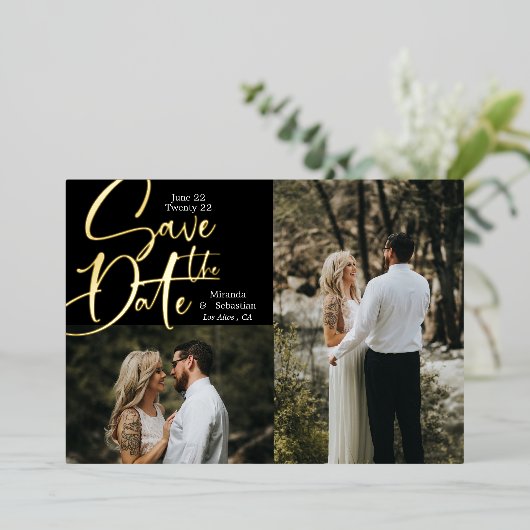 Folie Typografie 2 Foto Save the Date Uitnodiging (Staand Voorkant)