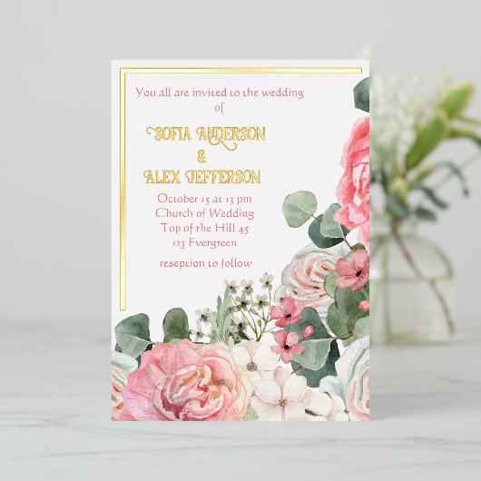 Folie Uitnodiging met waterverf bloemen (Staand Voorkant)