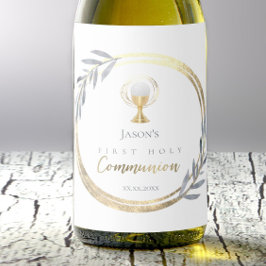 Folie van de eerste Heilige Communie, stoffig blau Wijn Etiket