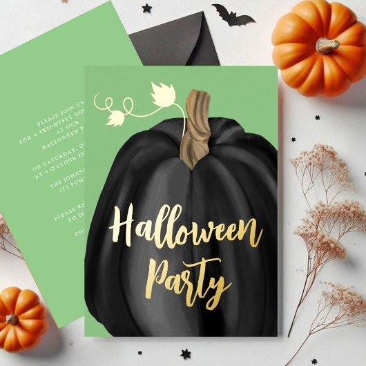 Folie van Green Gold Script Pumpkin Halloween Part Uitnodiging