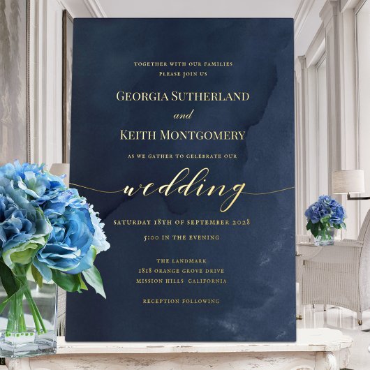 Folie van Navy Blue en Gold Elegant Wedding Folie Uitnodiging