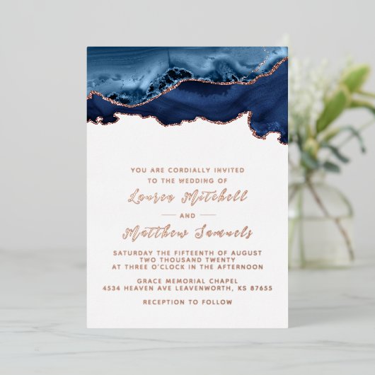 Folie van Navy Blue en Roos Gold Wedding Folie Uitnodiging (Staand Voorkant)