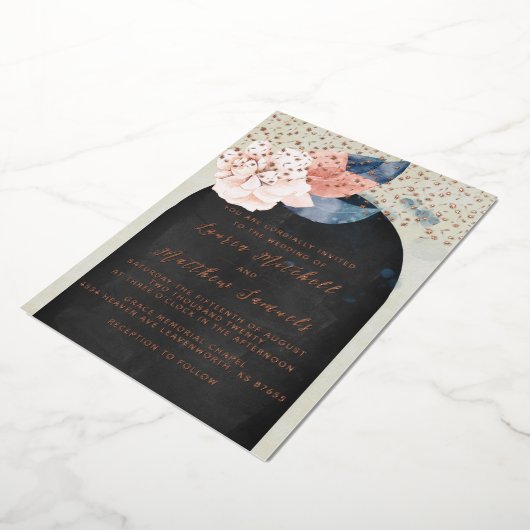 Folie van Navy Blue en Roos Gold Wedding Folie Uitnodiging (Gedraaid)