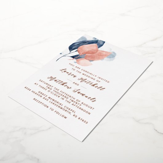 Folie van Navy Blue en Roos Gold Wedding Folie Uitnodiging (Gedraaid)