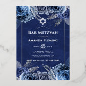 Folie van Navy en Silver Floral Bat Mitzvah Folie Uitnodiging (Voorkant)