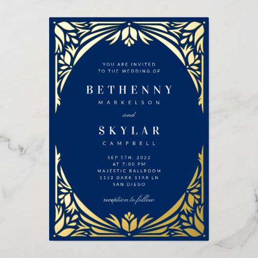 Folie van Navy Gold Leaf Gilded Age Invitation Uitnodiging (Voorkant)