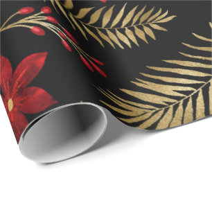 Folie van Red Fern Bunch Floral Glitter Gold Black Cadeaupapier