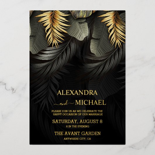 Folie voor troepenweduwen naar zwarte en goudtropi folie uitnodiging (Voorkant)