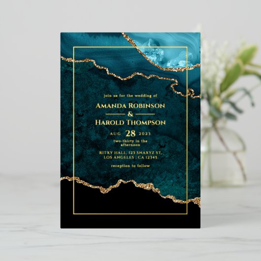 Folie voor Turquoise en Gold Agate Wedding Folie Uitnodiging (Staand Voorkant)