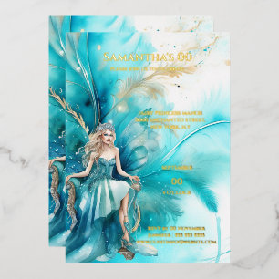 Folie waterverf Fairy Princess blauwgroen gouden b Uitnodiging