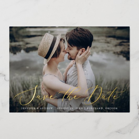 Foliescript met Delicate Gold-film: foto Save the  Folie Uitnodiging (Voorkant)