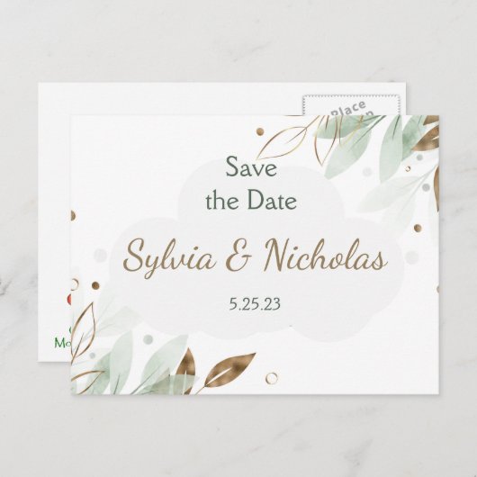 Foliumhoudend Blauwgroen goud Bespaar de datums Aankondigingskaart (Voorkant / Achterkant)