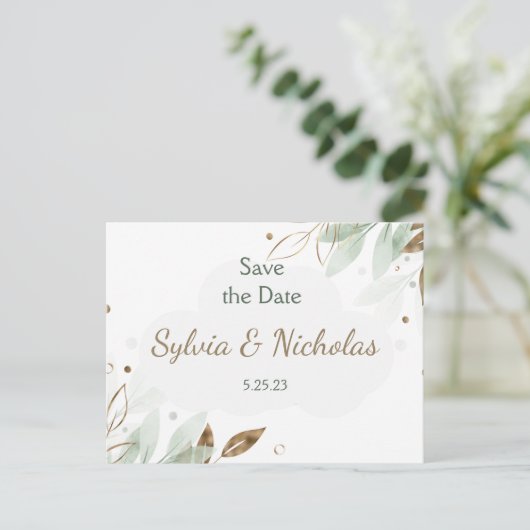 Foliumhoudend Blauwgroen goud Bespaar de datums Aankondigingskaart (Staand voorkant)