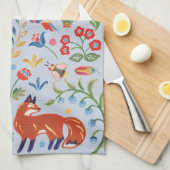 Folk Animal Woodland Floral Blue Cute Fiesta Theedoek (Quarter Fold)