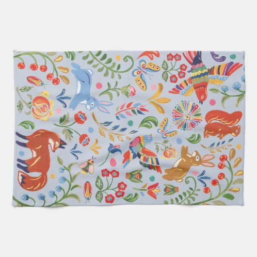 Folk Animal Woodland Floral Blue Cute Fiesta Theedoek (Horizontaal)