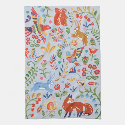 Folk Animal Woodland Floral Blue Cute Fiesta Theedoek (Verticaal)