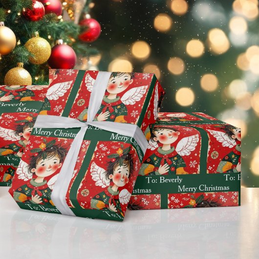 Folk-art Angel Add Recipients Name Christmas Roll Cadeaupapier