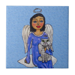 Folk Art Angel Blauwe ogen Witte Engel Kat op de W Tegeltje