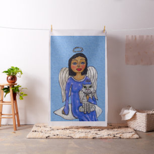 Folk Art Angel Blauwe ogen Witte kat op wolk Stof