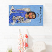 Folk Art Angel op Cloud White Angel Cat Blue Spandoek (Insitu)