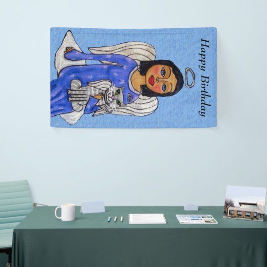 Folk Art Angel op Cloud White Angel Cat Blue Spandoek (Beurs)