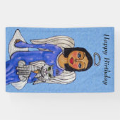 Folk Art Angel op Cloud White Angel Cat Blue Spandoek (Horizontaal)