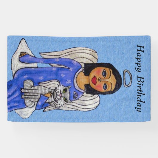 Folk Art Angel op Cloud White Angel Cat Blue Spandoek (Horizontaal)