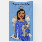 Folk Art Angel op Cloud White Angel Cat Blue Spandoek (Verticaal)