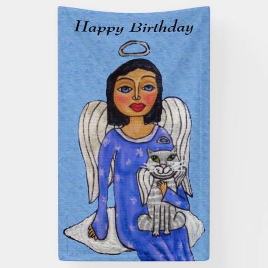 Folk Art Angel op Cloud White Angel Cat Blue Spandoek (Verticaal)