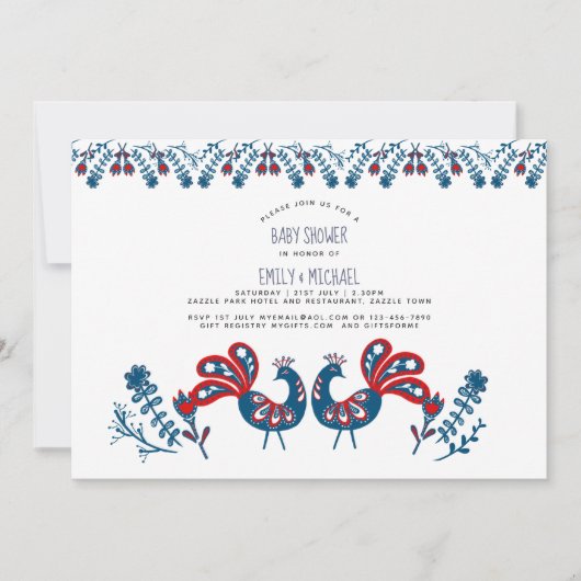 Folk Art Baby shower nodigt Scandinavische vogels Kaart (Voorkant)