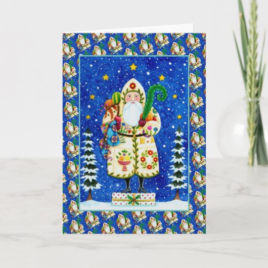 FOLK ART BALTIMORE QUILT FATHER CHRISTMAS Verse Feestdagen Kaart (Voorkant)