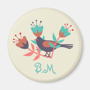 Folk Art Bird and Floral Monogram Magneet