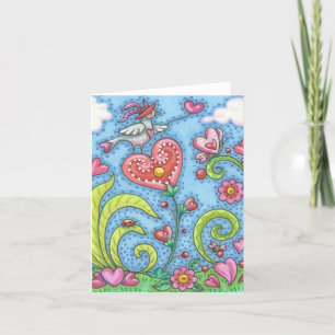 Folk Art Bird and Hearts Garden NOTE KAART Blank