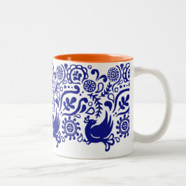 Folk Art Bird & Flower Pattern | Blauwe en witte M Tweekleurige Koffiemok