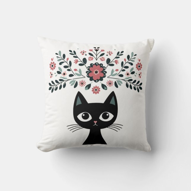 Folk Art Black Kat en bloemen Kussen (Voorkant)
