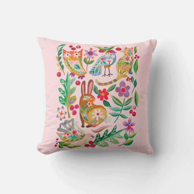 Folk Art Bloemen Dier Vrienden Blush Roze Kussen (Voorkant)