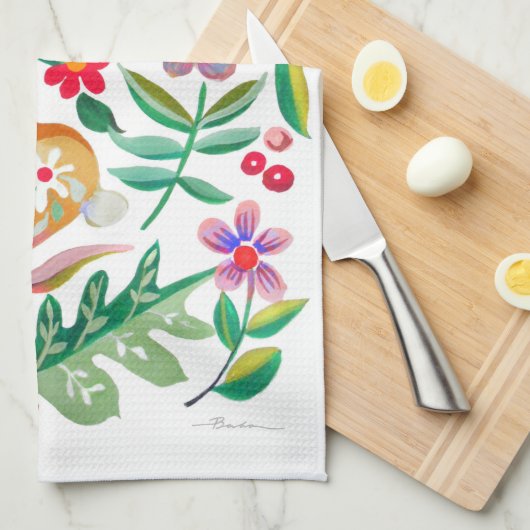 Folk Art Bloemen Dier Vrienden Wit Theedoek (Quarter Fold)