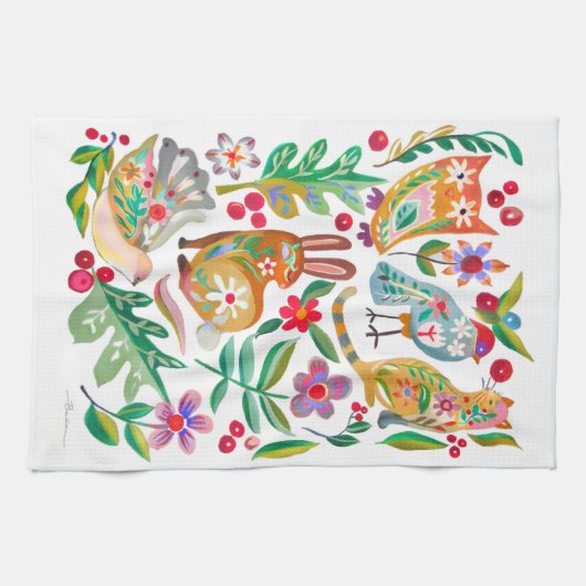 Folk Art Bloemen Dier Vrienden Wit Theedoek (Horizontaal)