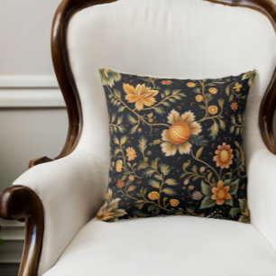 Folk Art Bloemen Donkergroen met gouden bloemen Kussen