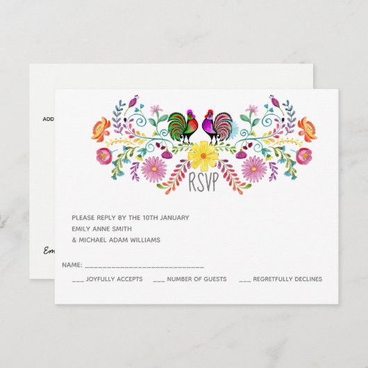 Folk Art Bloemen Rooster RSVP Uitnodiging Briefkaart (Voorkant / Achterkant)