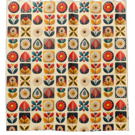 Folk Art Bloemenpatroon in warme retrokleuren Douchegordijn