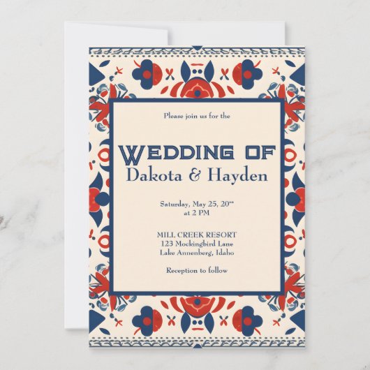 Folk art bloemenrood, wit en blauw kaart (Voorkant)