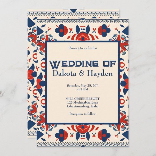 Folk art bloemenrood, wit en blauw kaart (Voorkant / Achterkant)