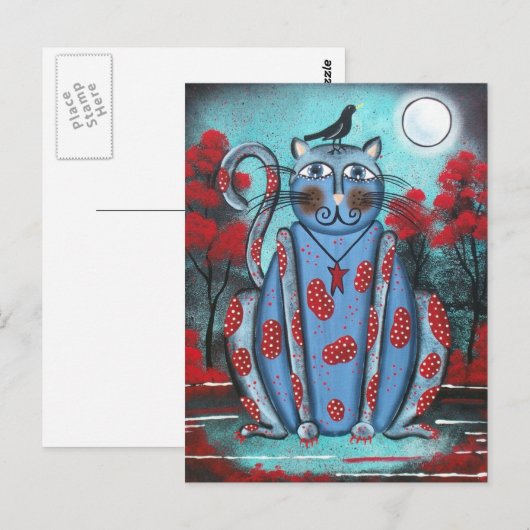 FOLK ART Blue Cat by LORI EVERETT briefkaart (Voorkant / Achterkant)