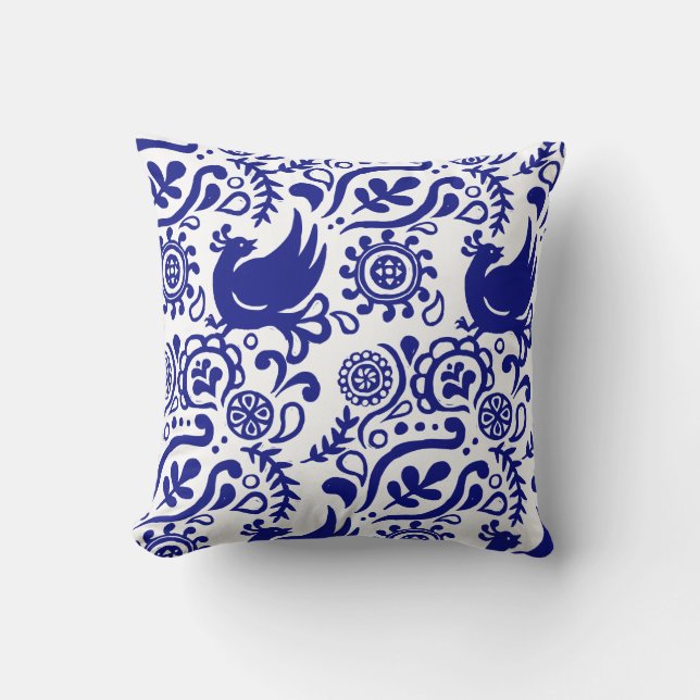 Folk Art Blue en White Pillow Kussen (Voorkant)