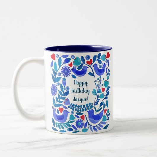 Folk Art Bluebird Personalized Mug Tweekleurige Koffiemok (Links)